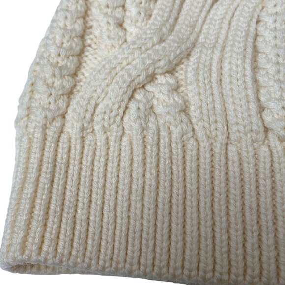 CLUB MONACO Adorelli Hat Cable Knit Wool Beanie with Faux Fur Pompom Cream - Picture 6 of 8